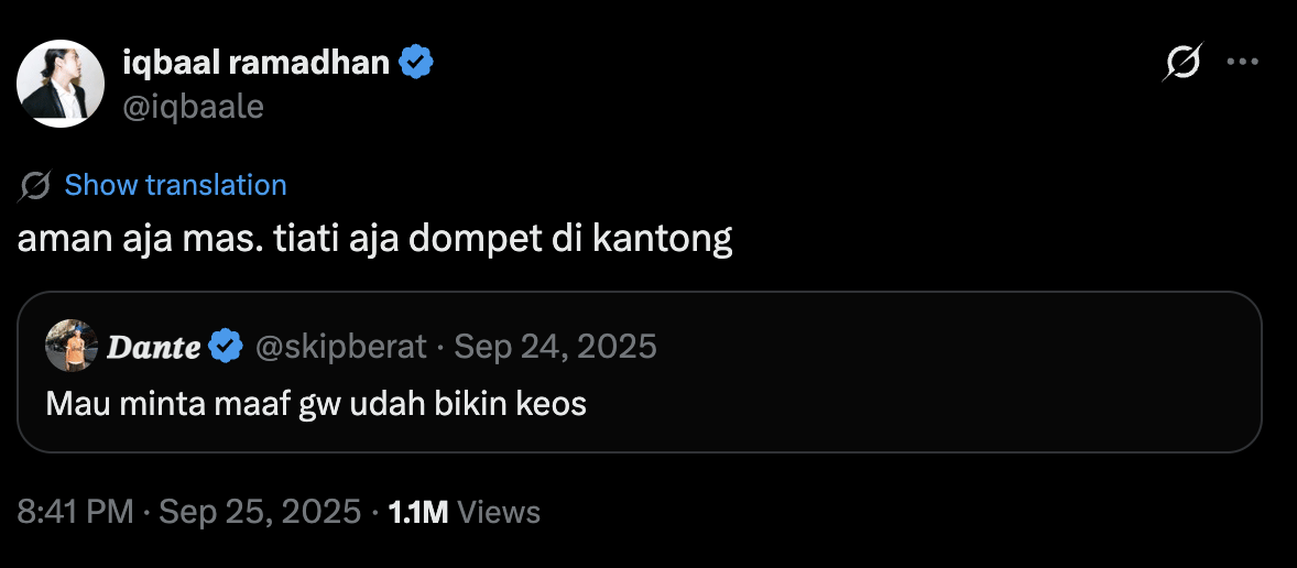 Tangkapan layar unggahan di X dari akun iqbaale yang membalas cuitan akun skipberat dengan pesan santai tentang dompet di kantong.