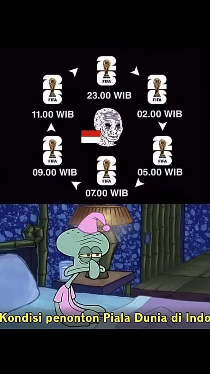 Meme lucu menggambarkan jadwal pertandingan Piala Dunia yang membuat jam tidur penonton di Indonesia menjadi berantakan.