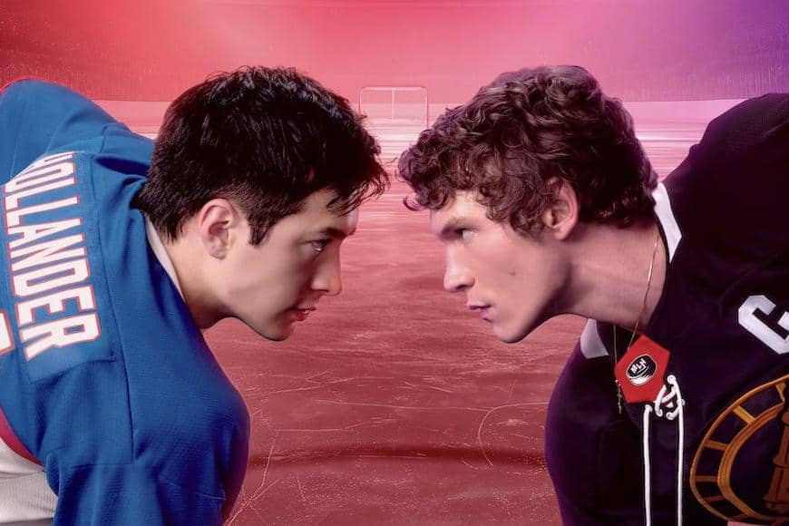 Dua pemain hoki es saling menatap tajam di atas arena es dengan latar cahaya merah muda, mengenakan seragam tim berbeda.