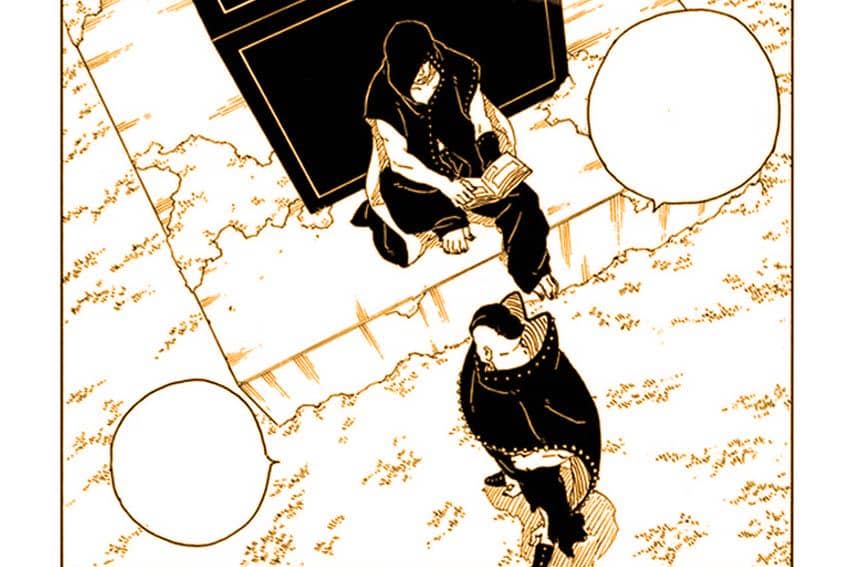 Dua karakter manga duduk dan berdiri di luar bangunan sambil membicarakan buku yang sedang dibaca dengan ekspresi serius.