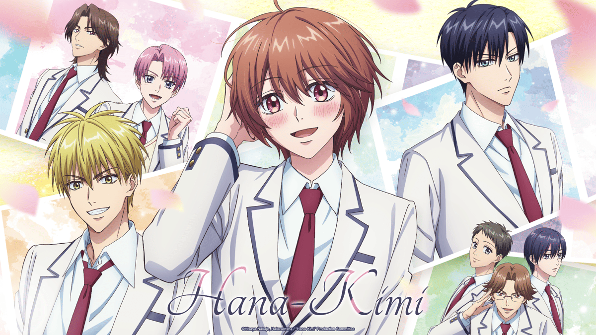 Ilustrasi karakter utama dan pendukung dari anime Hana-Kimi Season 2 mengenakan seragam sekolah putih dengan dasi merah.