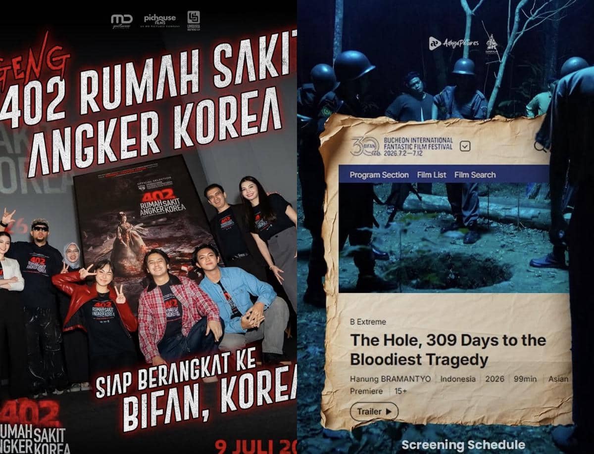Poster film 402 Rumah Sakit Angker Korea bersama para pemain dan kru, serta cuplikan film Lobang Buaya yang tayang di festival film BIFAN Korea.
