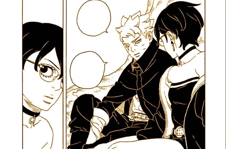 Boruto dan Sarada sedang berdiskusi serius dalam panel manga berwarna cokelat keemasan dengan ekspresi tegang di wajah mereka.