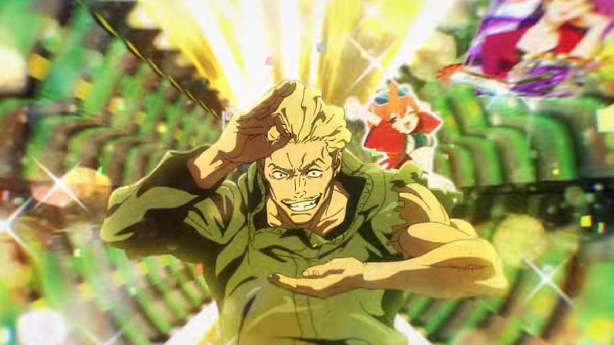 Karakter anime berambut pirang mengenakan pakaian hijau dengan ekspresi intens, dikelilingi cahaya dan efek warna cerah.