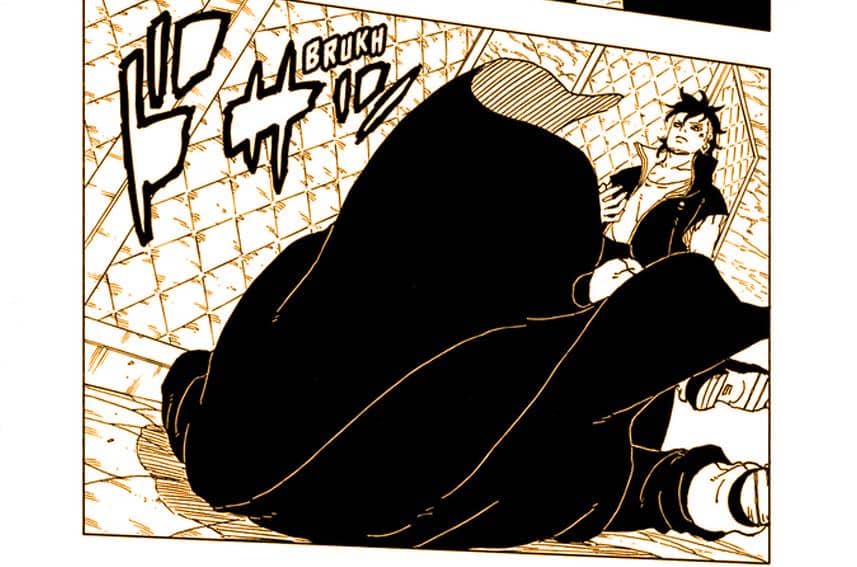 Kawaki berdiri di depan Amado yang membuat Kashin kehilangan kesadaran di dalam ruangan berpola jaring dalam adegan manga Boruto.