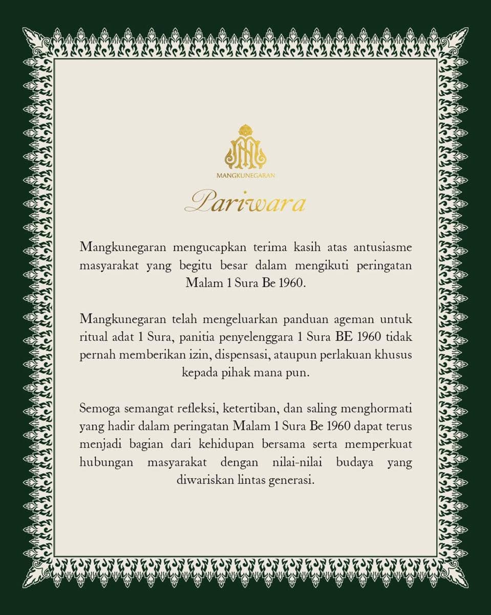 Tanggapan Mangkunegaran soal pria berkebaya di Kirab 1 Suro 