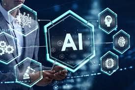 Robot kecerdasan buatan dengan jaringan digital.
