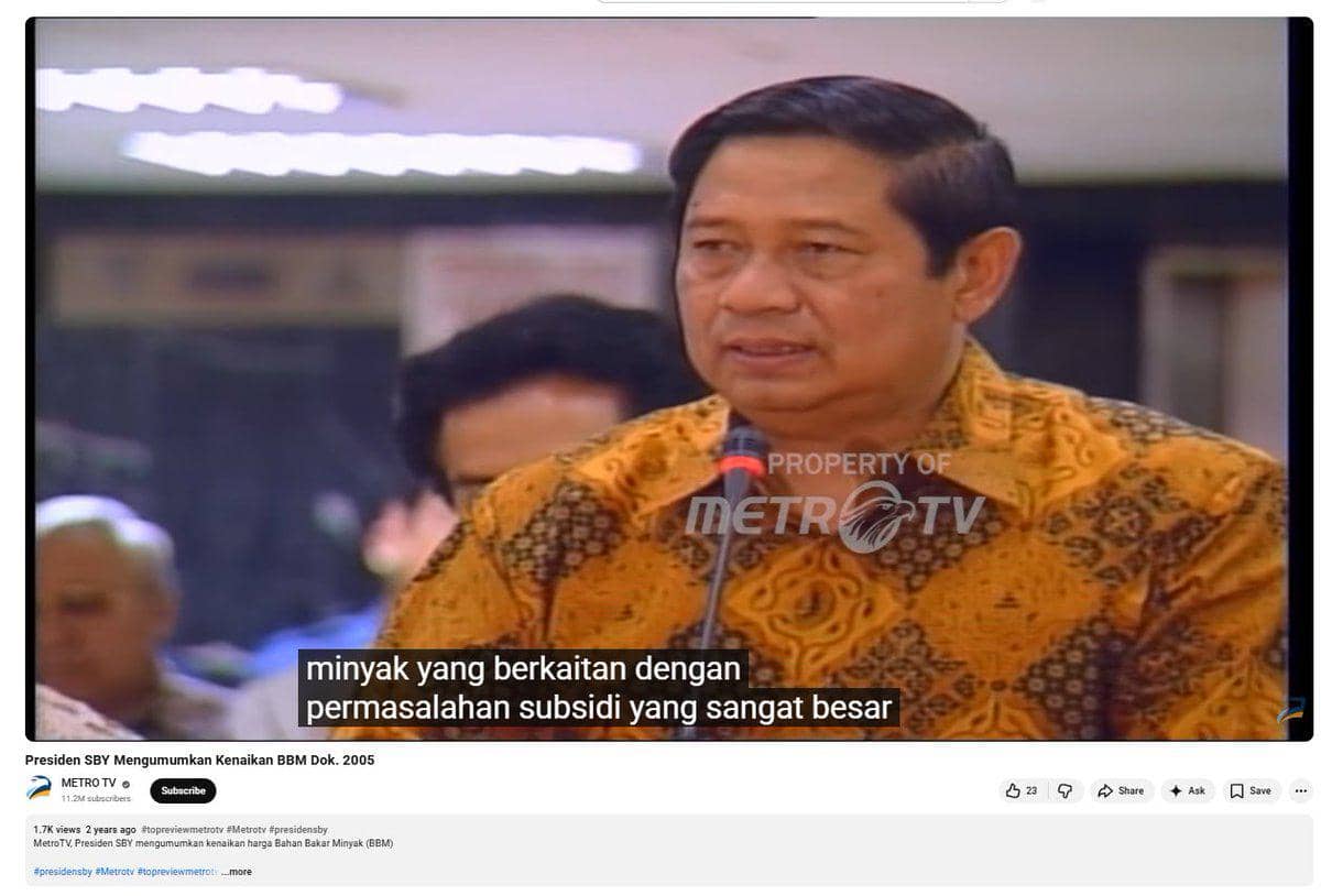 Presiden ke-6 RI Susilo Bambang Yudhoyono (SBY) saat mengumumkan kebijakan penyesuaian harga BBM pada tahun 2005.