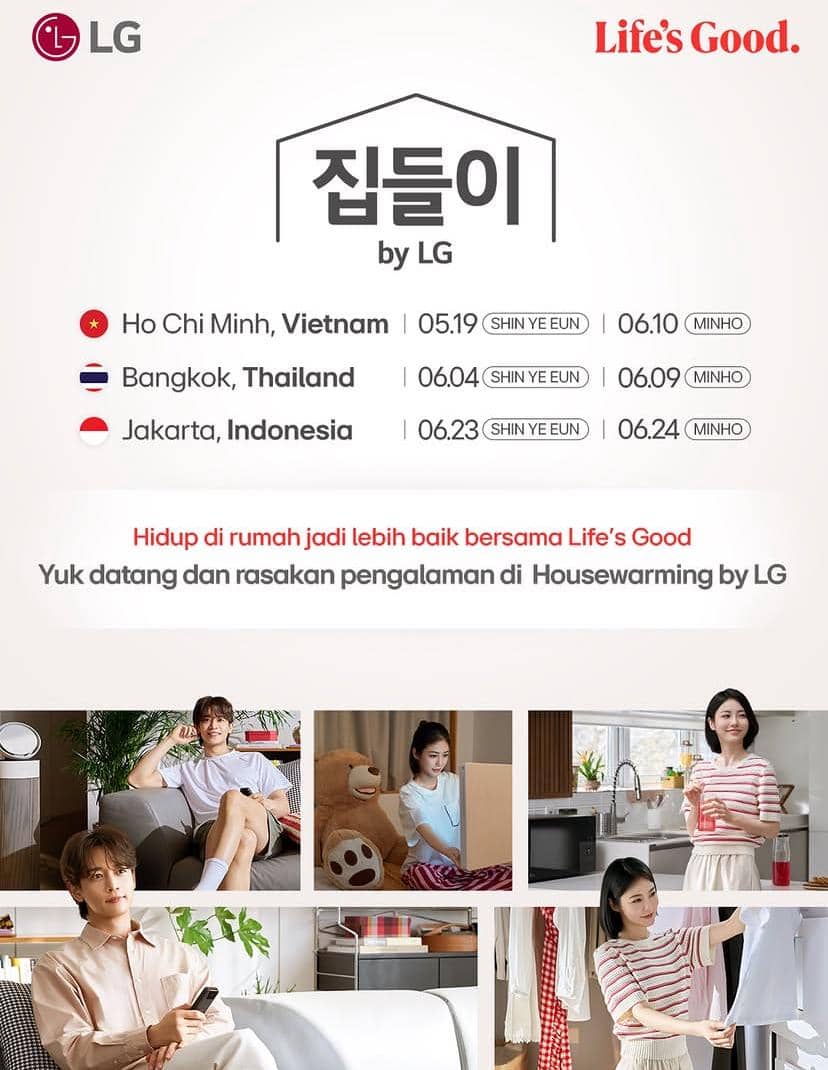 Poster promosi acara Housewarming by LG menampilkan dua duta merek di rumah dengan jadwal event di Vietnam, Thailand, dan Indonesia.
