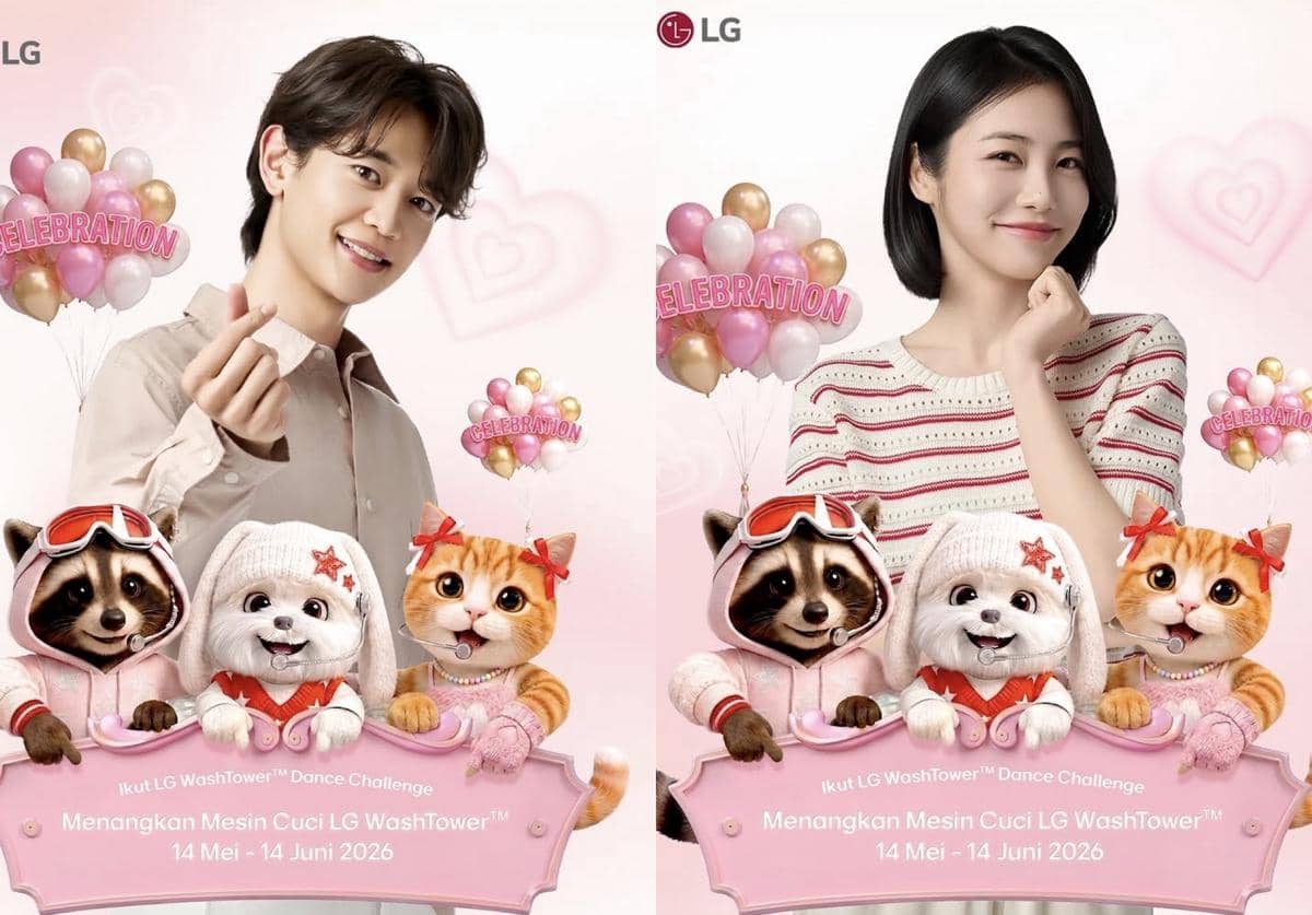 Dua duta LG berpose dengan latar balon berwarna pink dan karakter hewan lucu untuk promosi LG WashTower Dance Challenge 2026.