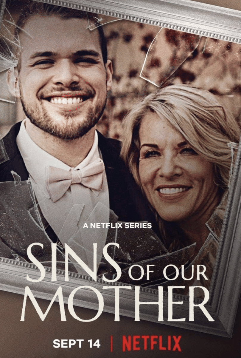 Poster serial dokumenter Netflix Sins of Our Mother menampilkan dua orang tersenyum dalam bingkai foto yang retak.