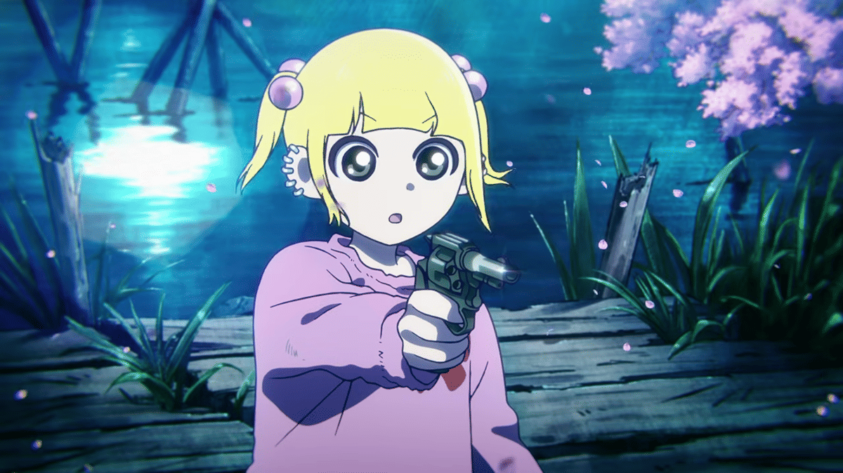 Karakter anime berambut pirang dengan mata besar mengenakan pakaian ungu memegang pistol di tepi danau dengan latar bunga sakura.