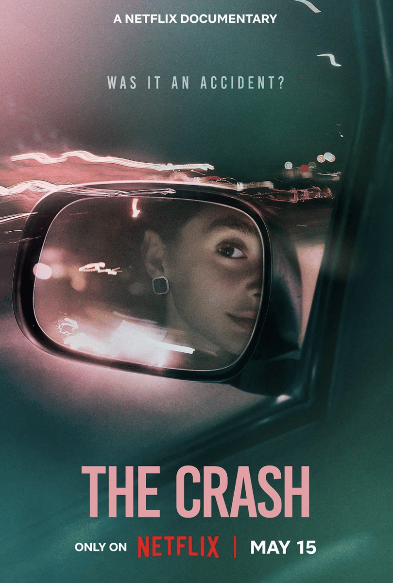 Poster dokumenter Netflix berjudul The Crash menampilkan pantulan wajah seseorang di kaca spion mobil dengan latar cahaya malam yang buram.