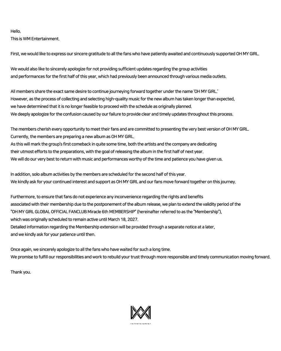 Pernyataan WM Entertainment