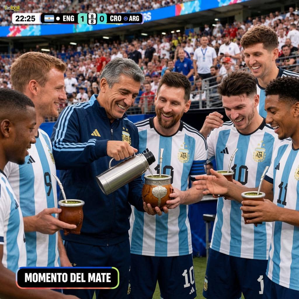Para pemain tim nasional Argentina tersenyum sambil menikmati minuman mate di pinggir lapangan selama jeda pertandingan Piala Dunia 2026.
