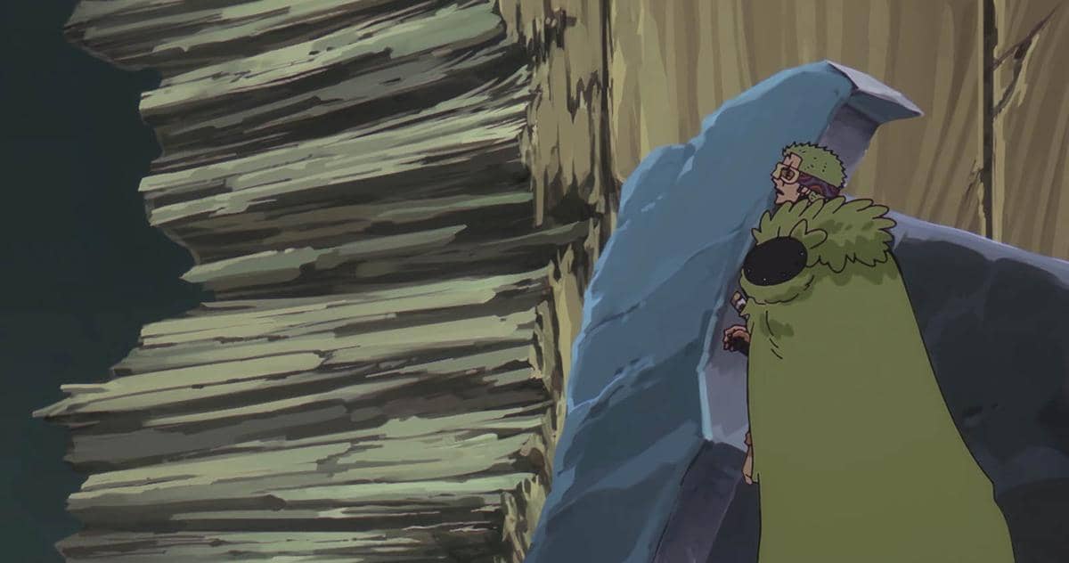 Zoro mengenakan jubah hijau sedang memeriksa pintu besar yang rusak di dinding batu dalam adegan anime One Piece.
