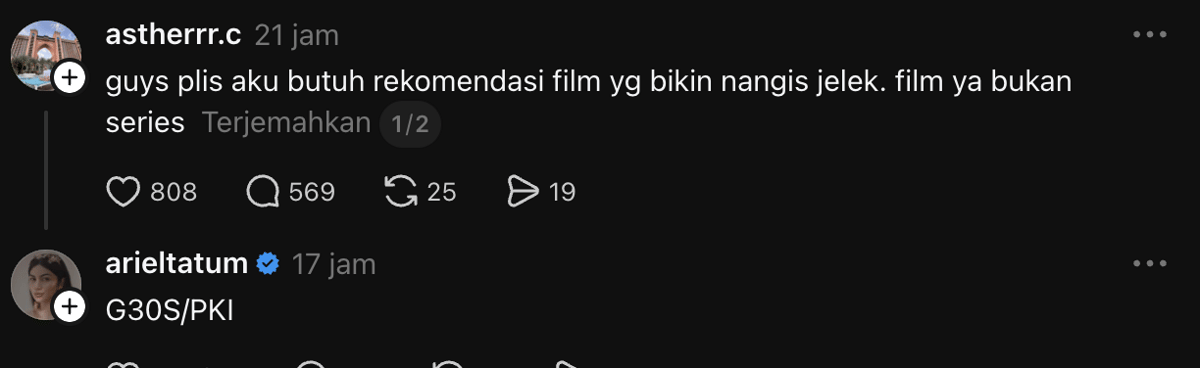 unggahan Ariel Tatum di Threads