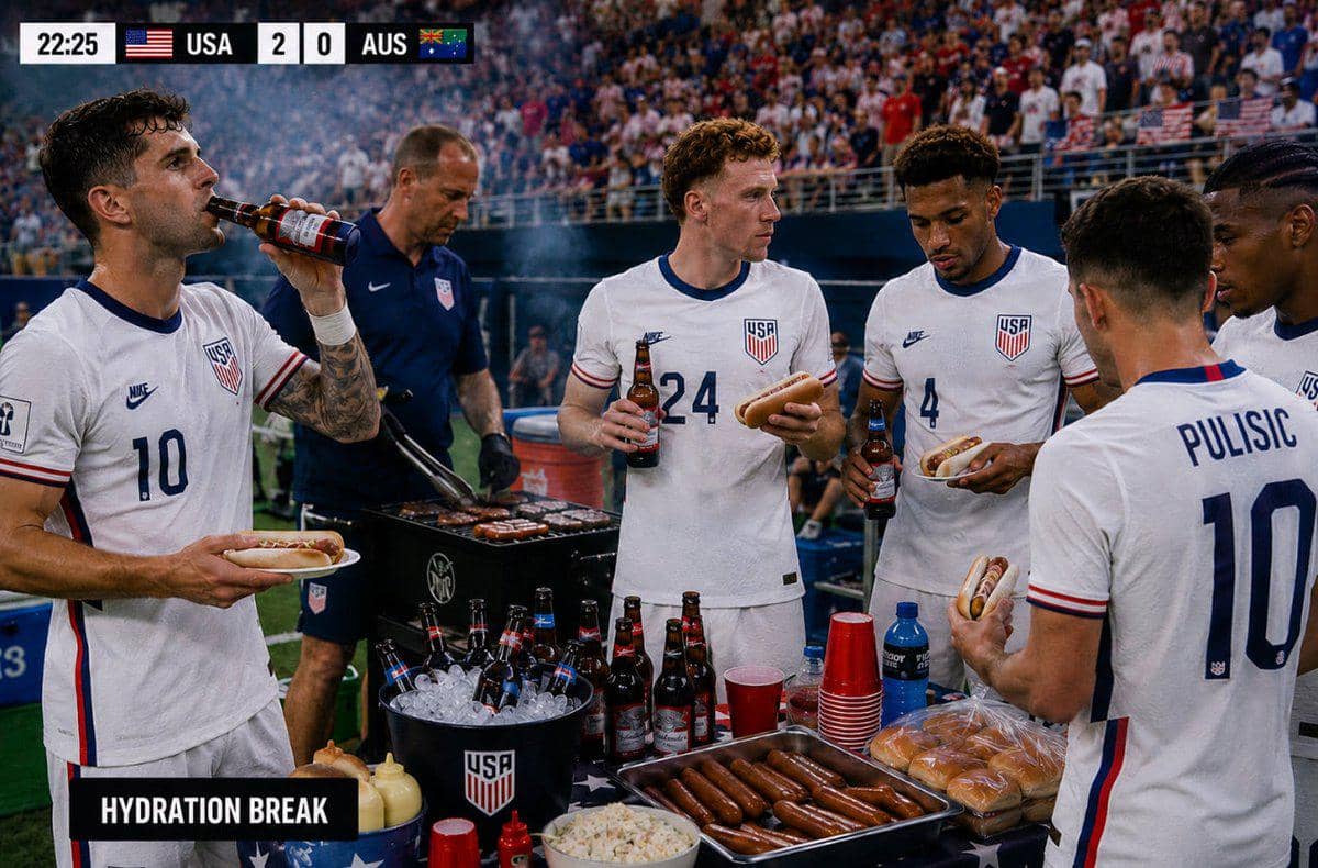 Pemain tim nasional sepak bola Amerika Serikat mengenakan seragam putih sedang makan hot dog dan minum di pinggir lapangan saat jeda pertandingan.