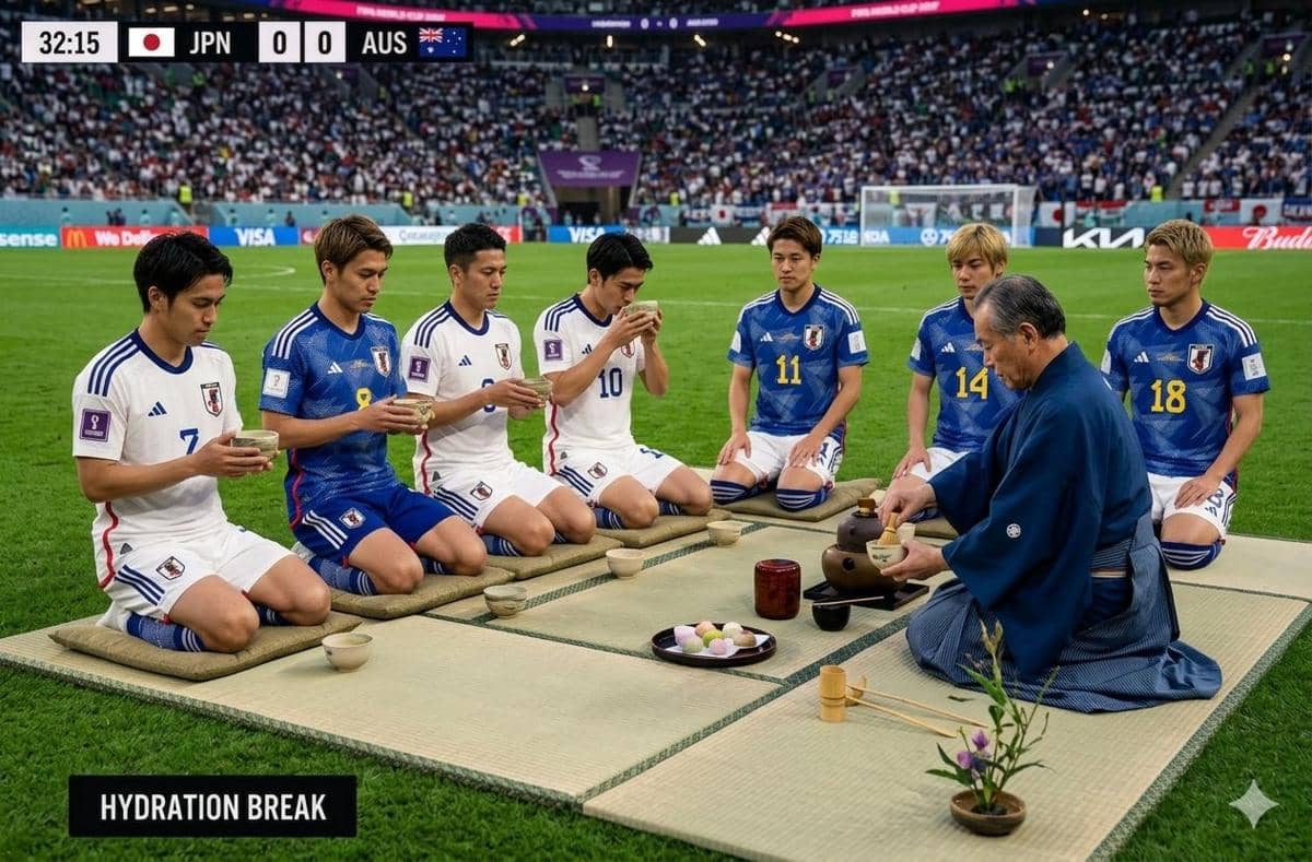 Pemain tim nasional Jepang duduk di lapangan sepak bola mengikuti upacara minum teh tradisional saat jeda pertandingan melawan Australia.