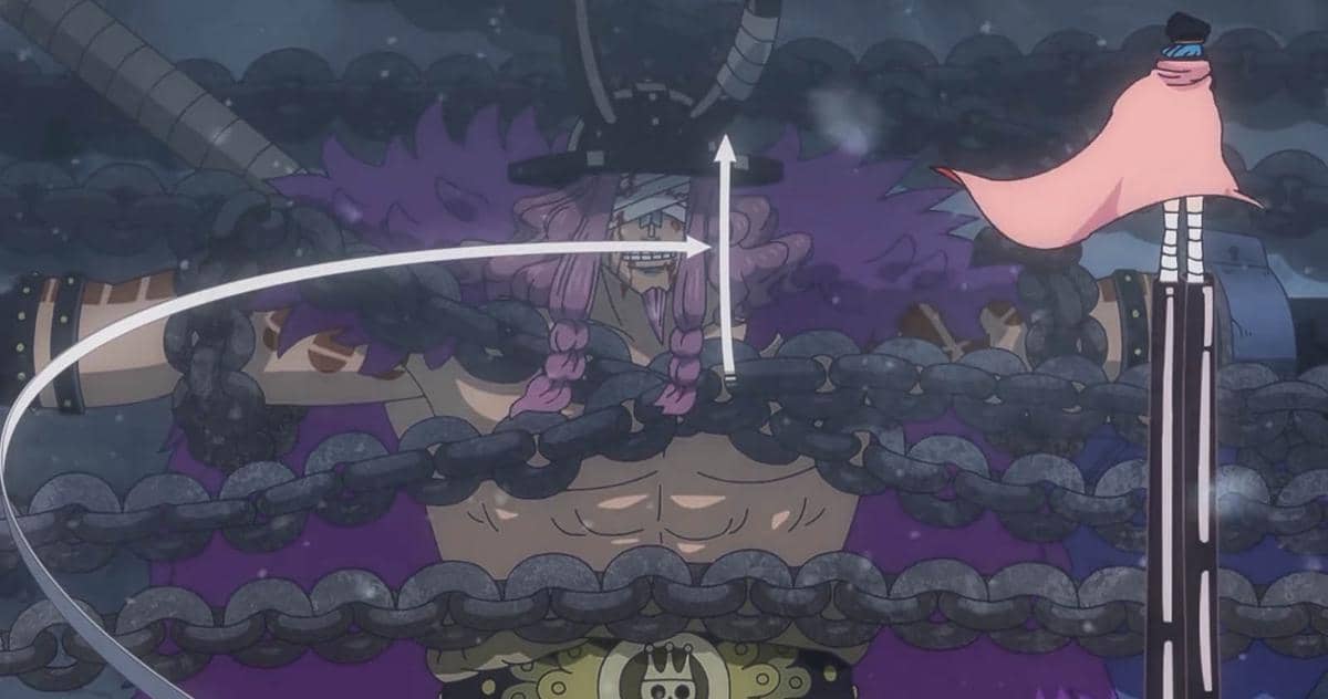 Karakter anime berotot dengan rambut ungu terikat rantai besar menghadapi sosok bertopi merah muda di tengah suasana salju.