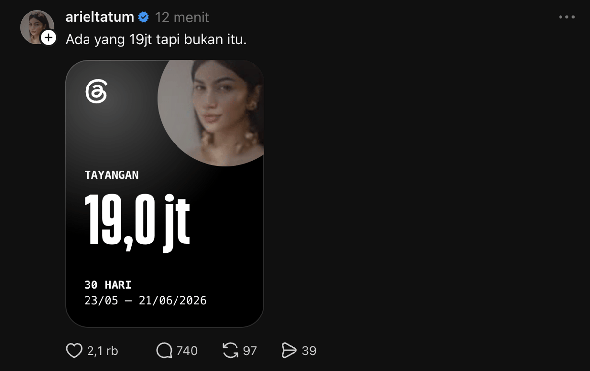 unggahan Ariel Tatum di Threads