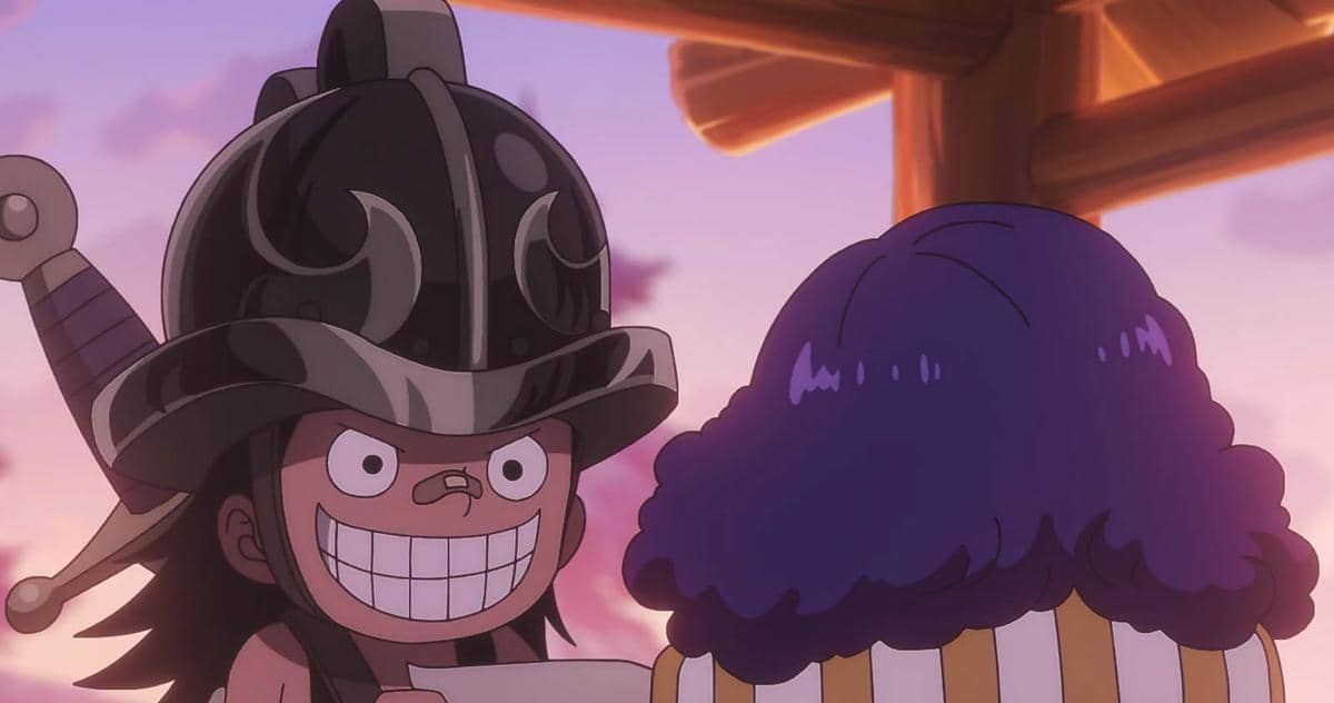 Dua karakter muda dari anime One Piece, salah satunya mengenakan helm hitam besar dengan pedang di punggung, berbicara di bawah langit senja.