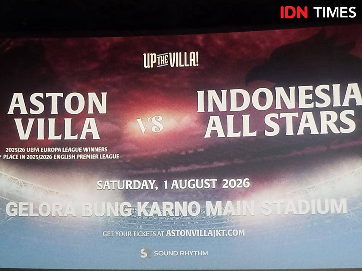 Poster pertandingan sepak bola antara Aston Villa dan Indonesia All Stars yang akan digelar di Stadion Utama Gelora Bung Karno pada 1 Agustus 2026.