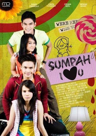 Poster sinetron Sumpah I Luv U menampilkan empat pemeran utama berpose ceria dengan latar warna-warni dan elemen grafis menarik.