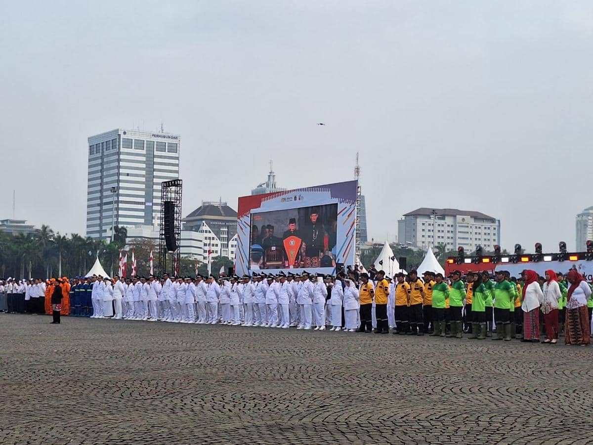 Gubernur Jakarta Pramono Anung dan Wakil Gubernur Jakarta Rano Karno dalam agenda Upacara Peringatan HUT ke-499 Kota Jakarta, Senin (22/6/20