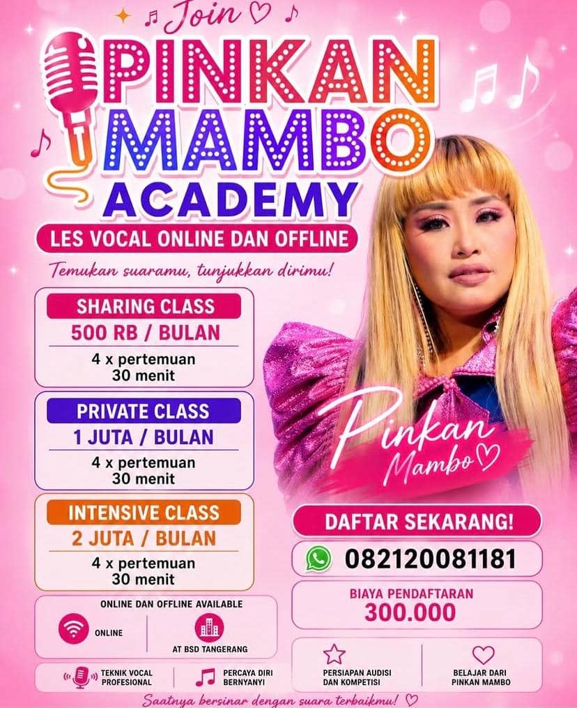 Poster promosi Pinkan Mambo Academy dengan informasi kelas vokal online dan offline serta foto Pinkan Mambo mengenakan busana ungu mengilap.