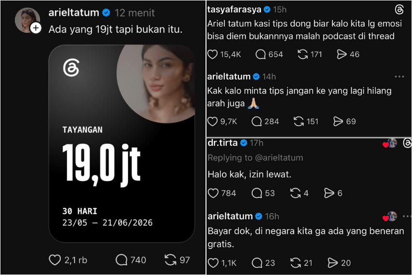 10 Unggahan Asbun Ariel Tatum Vital di Threads, Rajin Reply Netizen