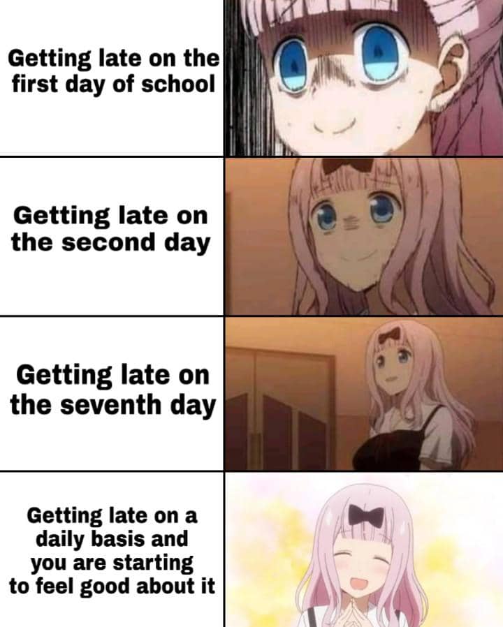 meme anime tentang terlambat masuk kelas