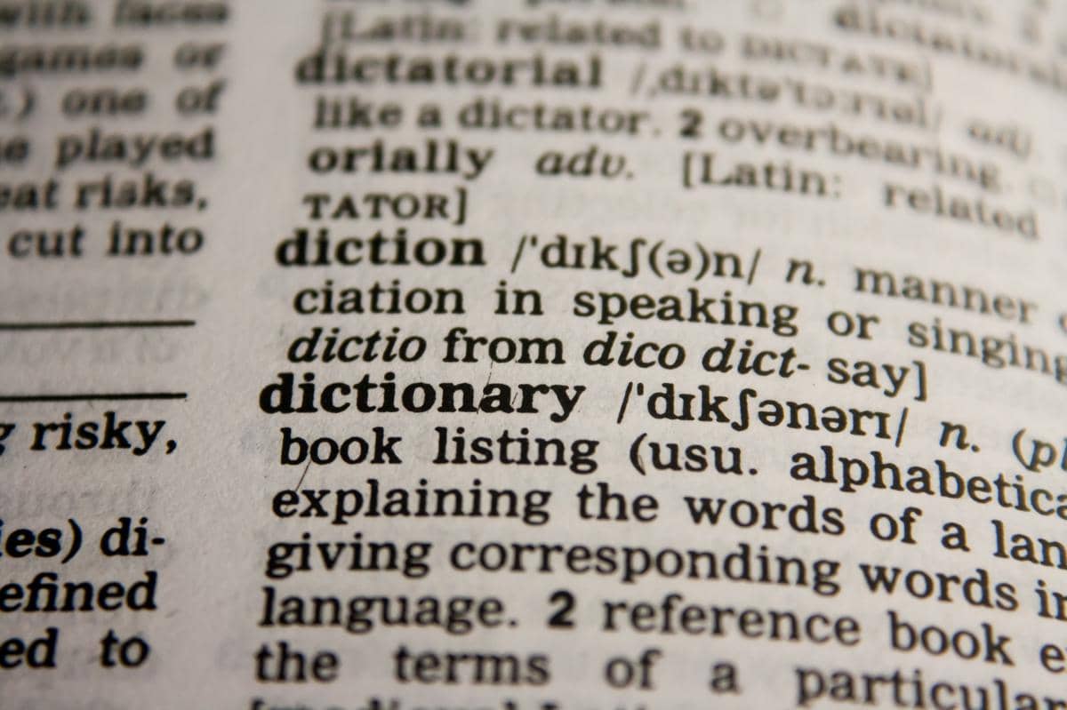 Halaman kamus bahasa Inggris dengan fokus pada kata 'dictionary' dan penjelasan artinya dalam teks cetak hitam di atas kertas.