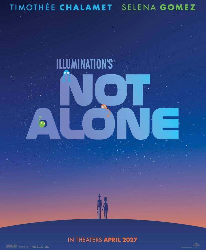 Poster teaser film animasi Not Alone menampilkan dua sosok berdiri di bawah langit berbintang dengan tulisan besar judul film.