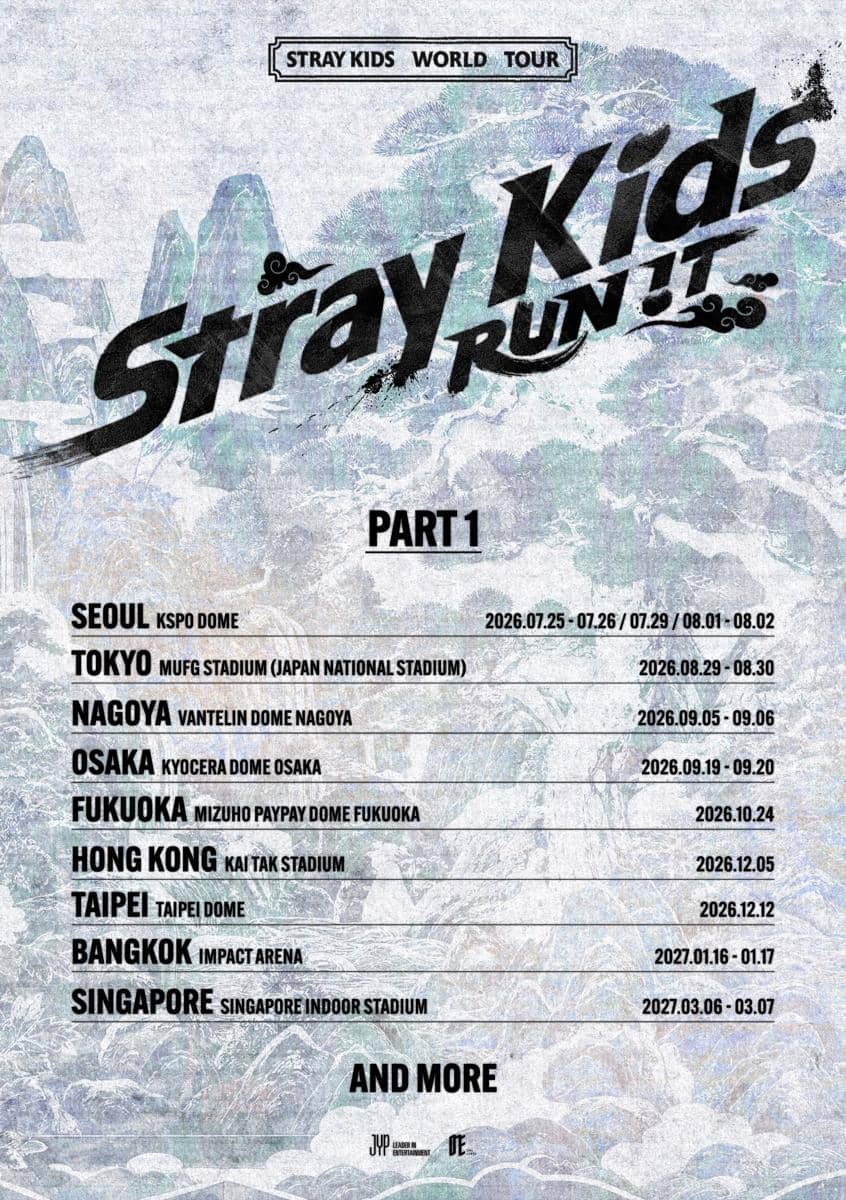 Poster tur dunia Stray Kids bertajuk RUN! IT menampilkan jadwal konser di berbagai kota seperti Seoul, Tokyo, Osaka, dan Bangkok.