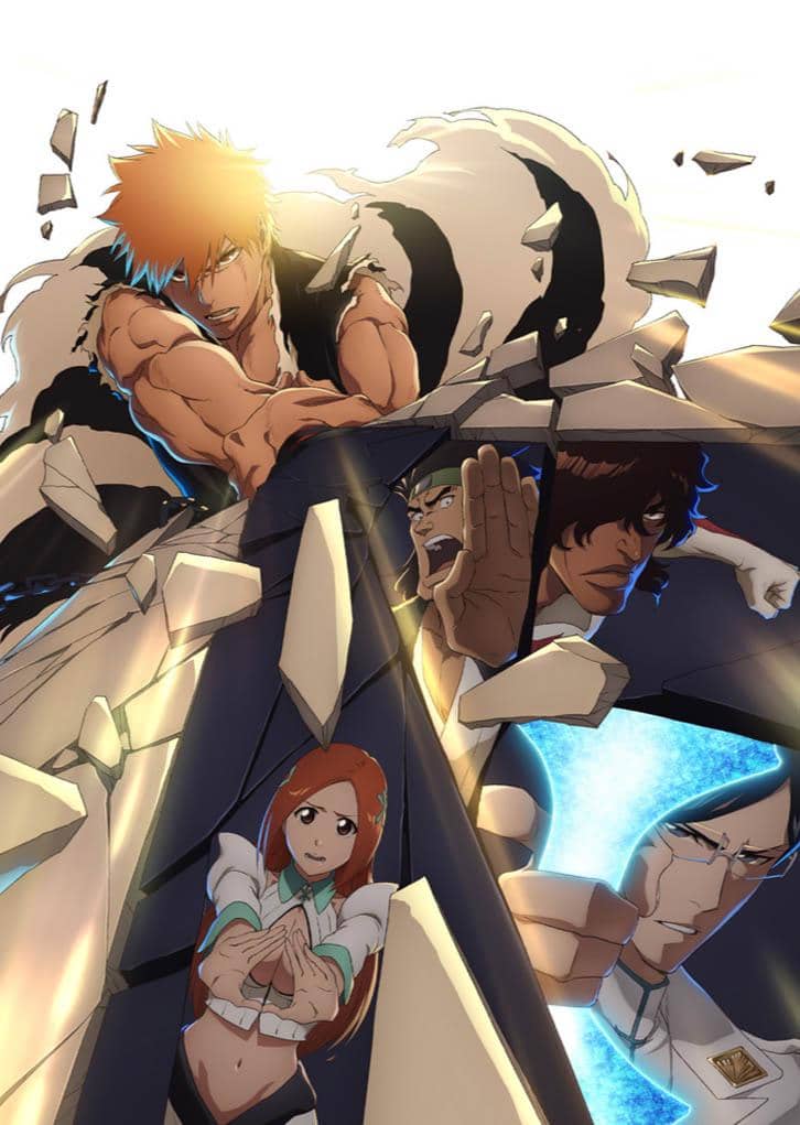 Karakter anime dengan rambut oranye dan teman-temannya tampil dalam pose aksi dinamis dengan latar pecahan batu dan cahaya energi.