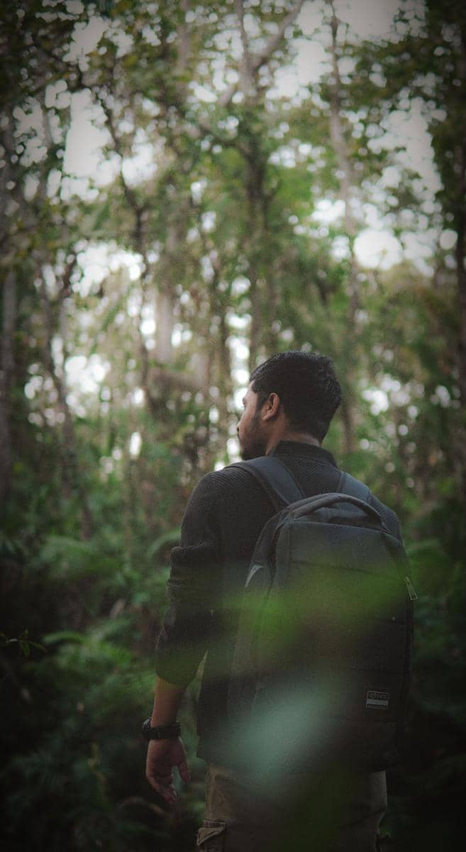 Foto tampak belakang seorang pria mengenakan pakaian gelap dan tas ransel sedang berdiri memandang ke arah pepohonan hijau yang lebat di dalam hutan.