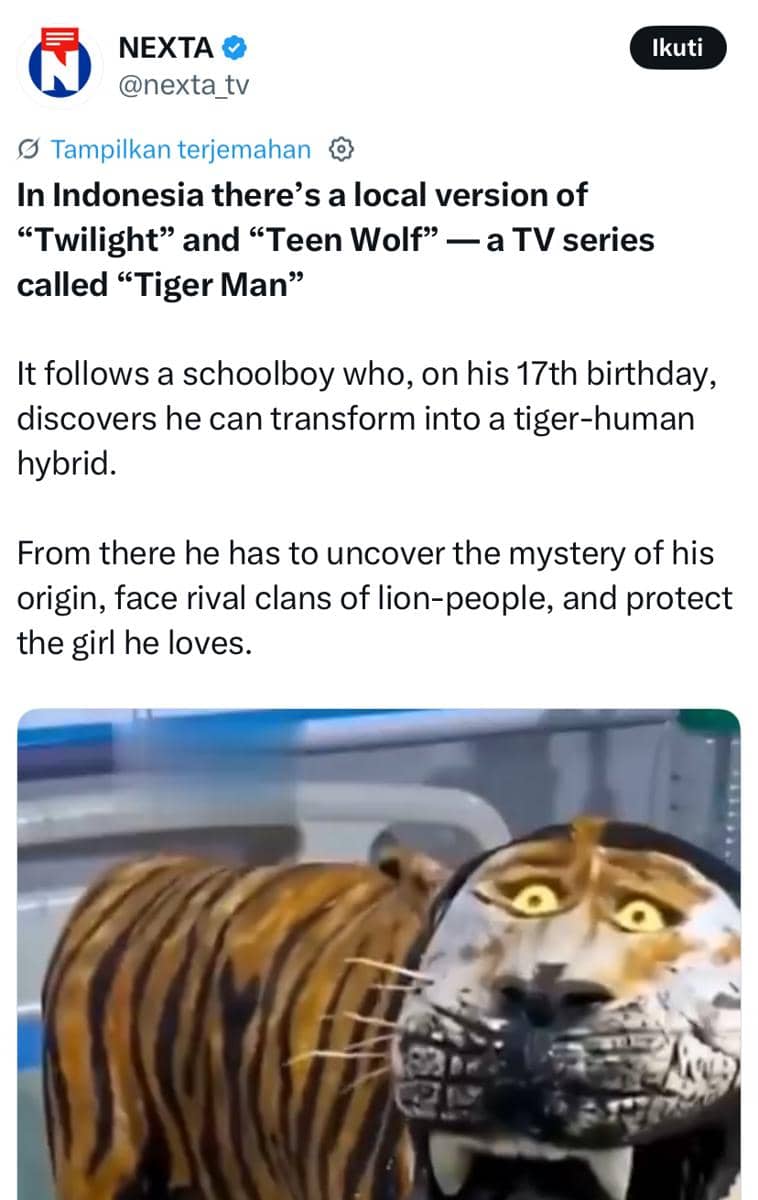 Cuplikan video menampilkan sosok manusia harimau dengan wajah dan tubuh menyerupai harimau, diambil dari serial televisi Indonesia yang viral di media sosial.