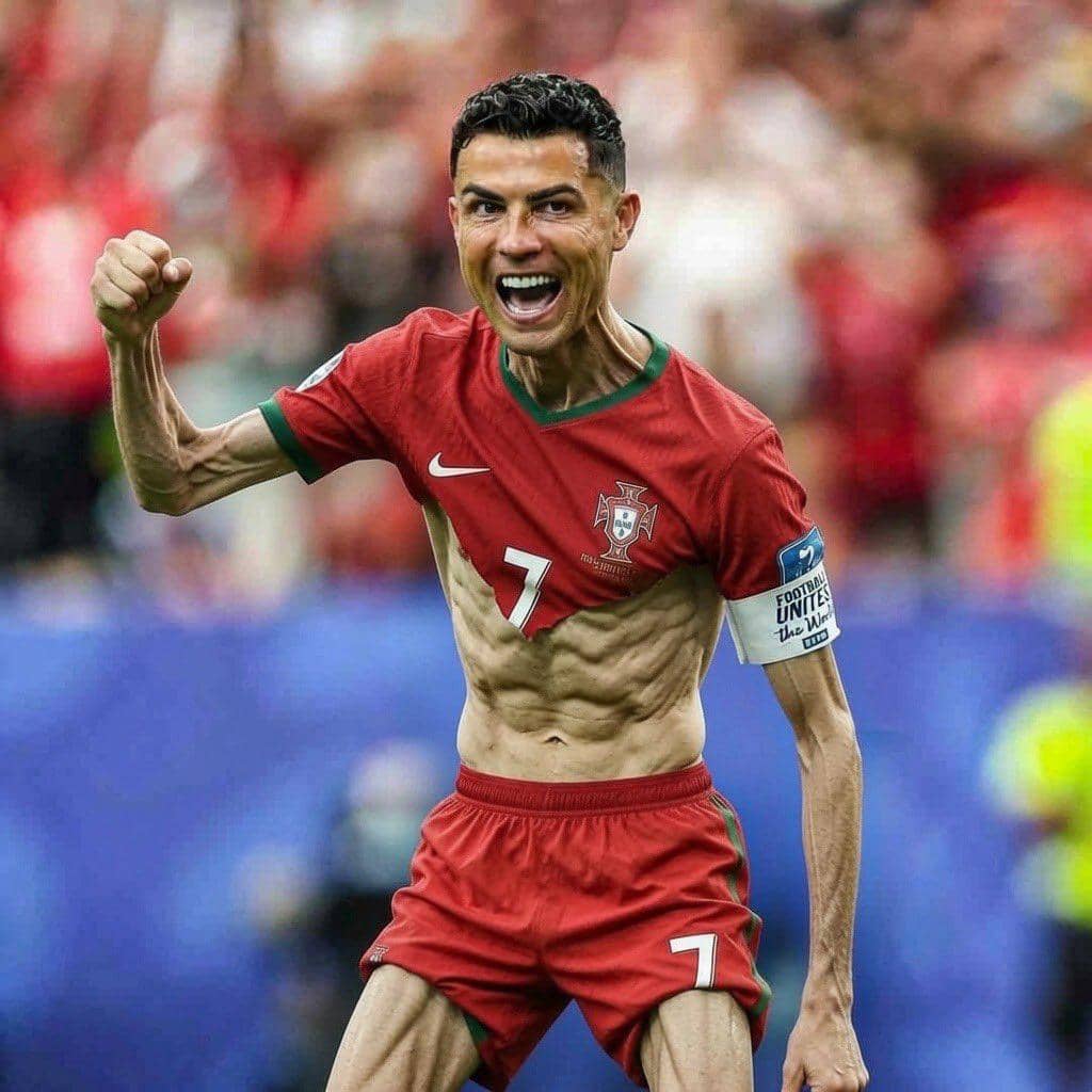 Seorang pemain sepak bola Portugal mengenakan seragam merah dengan nomor 7 merayakan gol dengan mengepalkan tangan di lapangan.