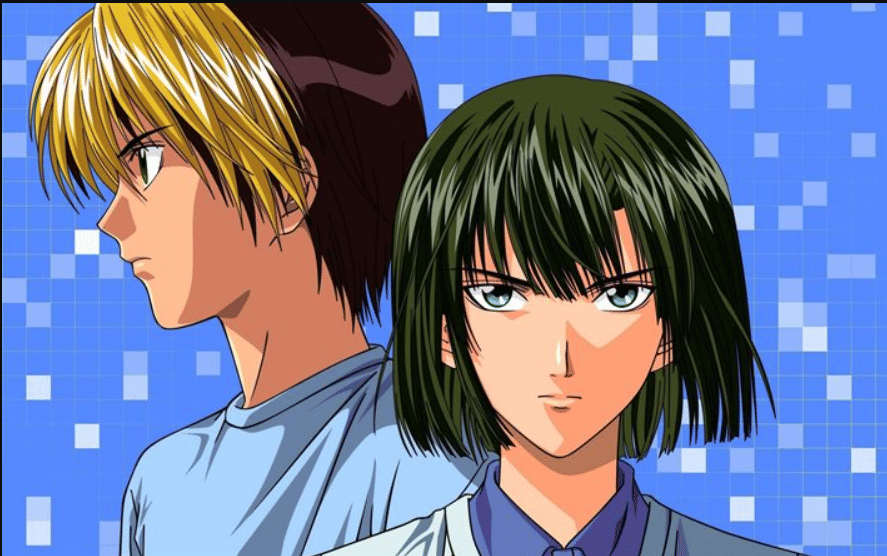 Dua karakter anime Hikaru no Go berdiri berdampingan dengan latar belakang pola kotak biru, menampilkan ekspresi serius.