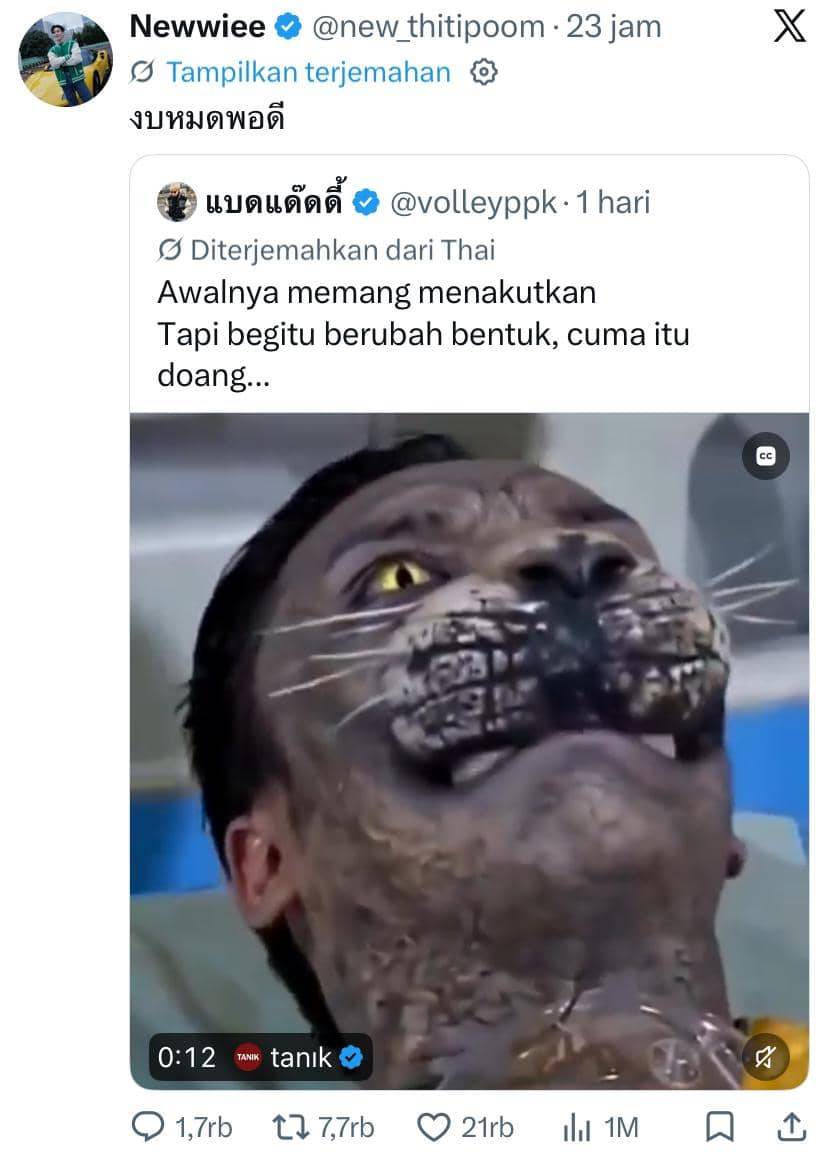 Tangkapan layar unggahan X dari akun New Thitipoom yang menampilkan video seseorang dengan riasan menyerupai wajah hewan menakutkan.