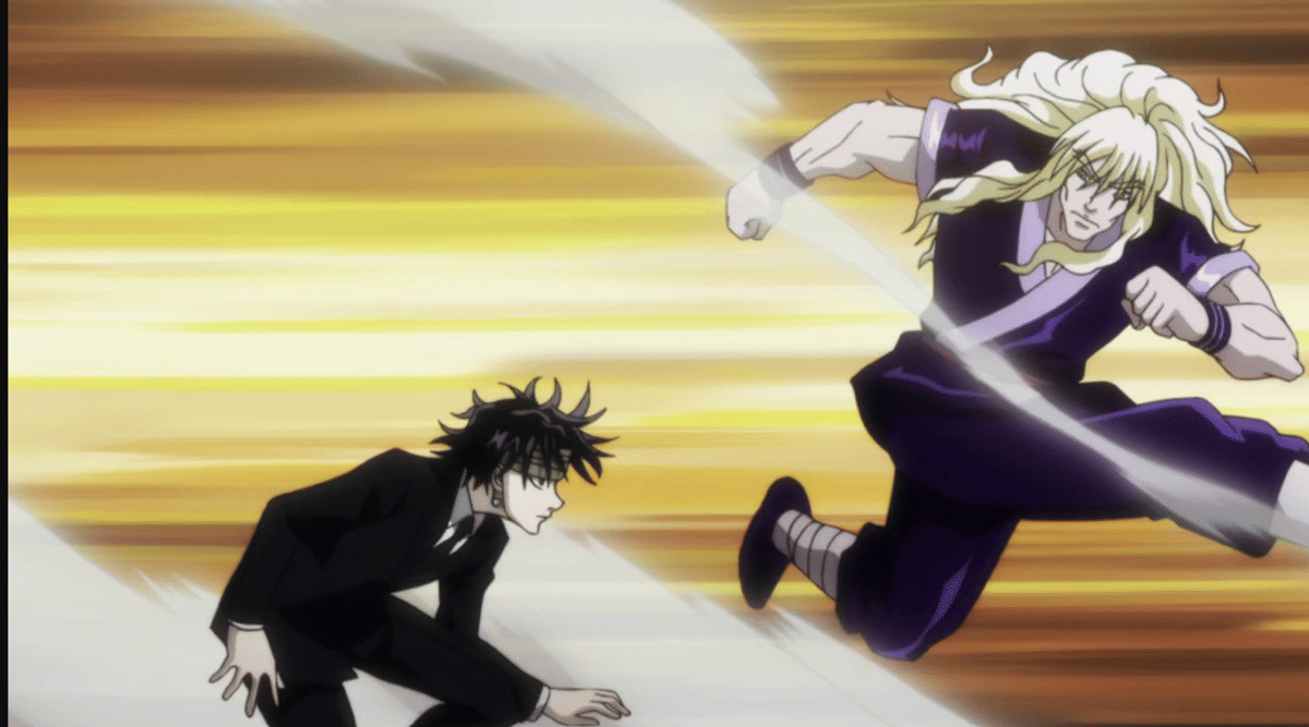 Dua karakter anime sedang bertarung dengan kecepatan tinggi, satu mengenakan setelan hitam dan lainnya berpakaian ungu dengan rambut panjang pirang.