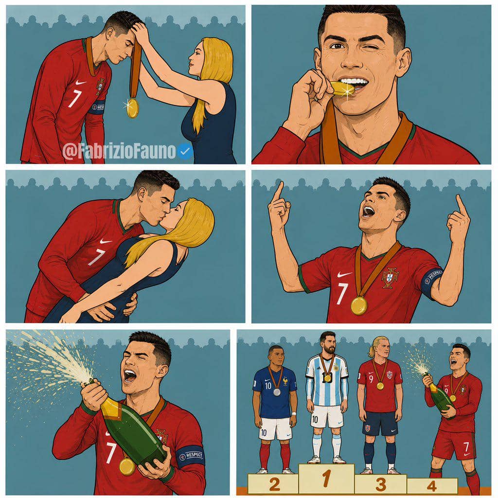 Ilustrasi karakter pesepak bola mengenakan seragam Portugal merayakan kemenangan dengan medali emas dan sampanye di podium juara.
