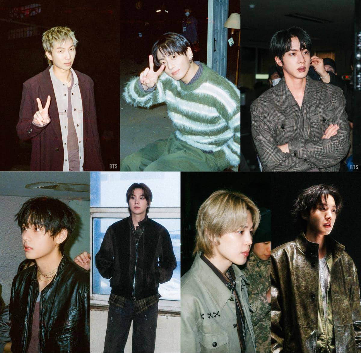 Para anggota BTS berpose dalam berbagai gaya busana kasual dan jaket di lokasi syuting video musik Merry Go Round.
