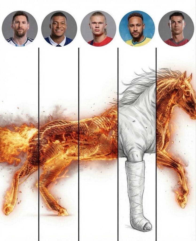Kolase wajah lima pesepak bola terkenal di atas gambar kuda berapi yang sebagian tubuhnya berubah menjadi gambar kuda dengan kaki dibalut perban.