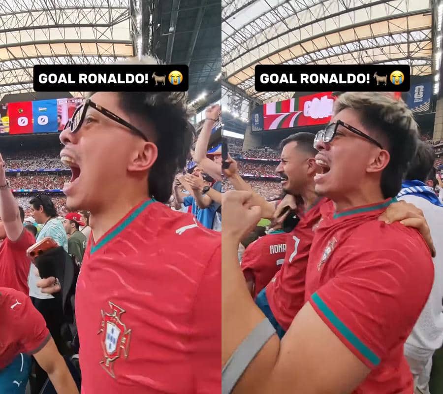 Seorang penggemar mengenakan jersey Portugal bersorak gembira di stadion setelah Ronaldo mencetak gol di Piala Dunia 2026.