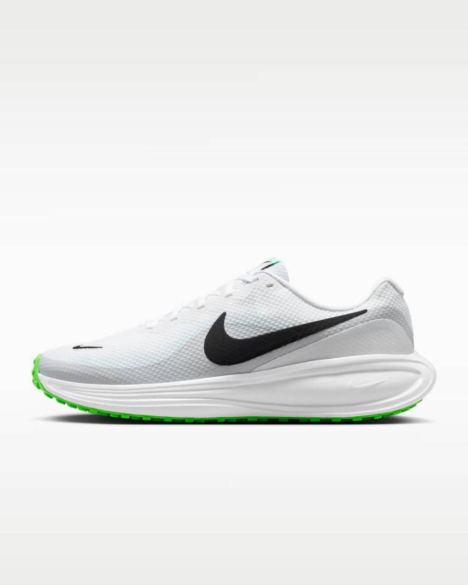 Sepatu lari Nike Revolution 8 berwarna putih dengan logo swoosh hitam dan sol hijau neon yang tampak ringan dan modern.