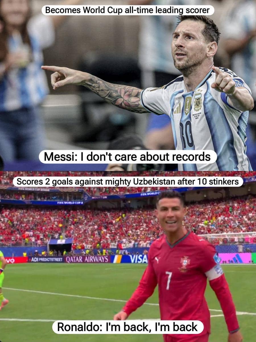 Meme lucu menampilkan dua pesepak bola terkenal, satu mengenakan seragam Argentina dan satu lagi dengan seragam Portugal, dengan teks humor tentang Piala Dunia 2026.