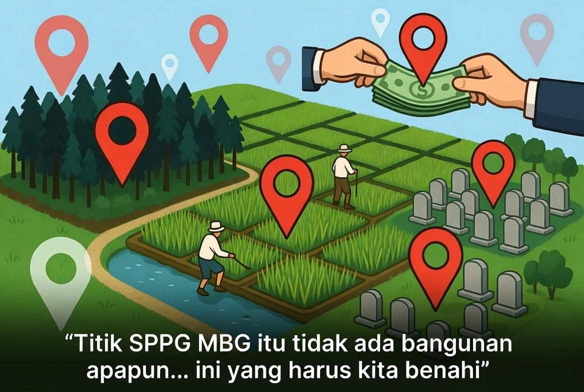 Ilustrasi dua tangan bertukar uang di atas lahan pertanian dengan penanda lokasi merah, petani bekerja, serta area hutan dan makam.