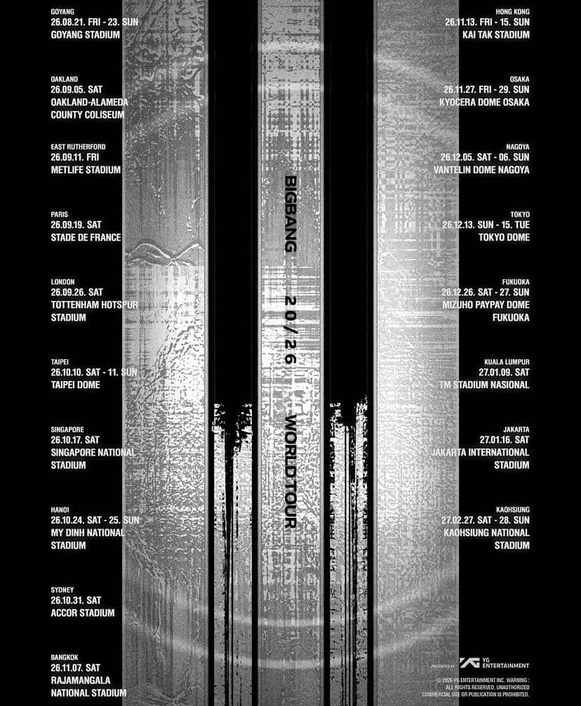 Poster tur dunia BIGBANG 2024–2026 dengan daftar kota dan stadion di berbagai negara termasuk Paris, Tokyo, Jakarta, dan lainnya.